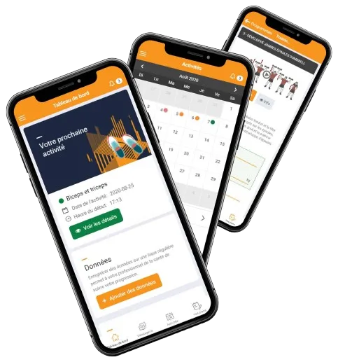 Application de coaching Hexfit affichée sur trois smartphones